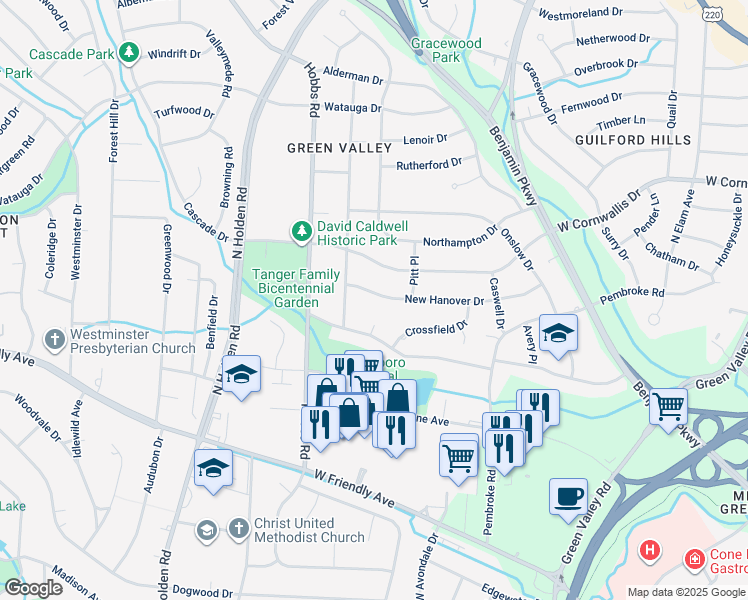 map of restaurants, bars, coffee shops, grocery stores, and more near 3009 New Hanover Drive in Greensboro