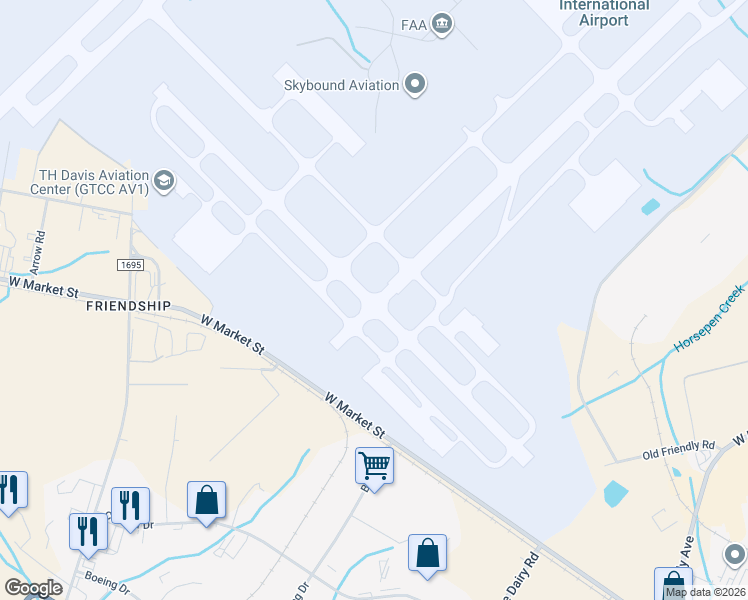map of restaurants, bars, coffee shops, grocery stores, and more near 7346 West Market Street in Greensboro