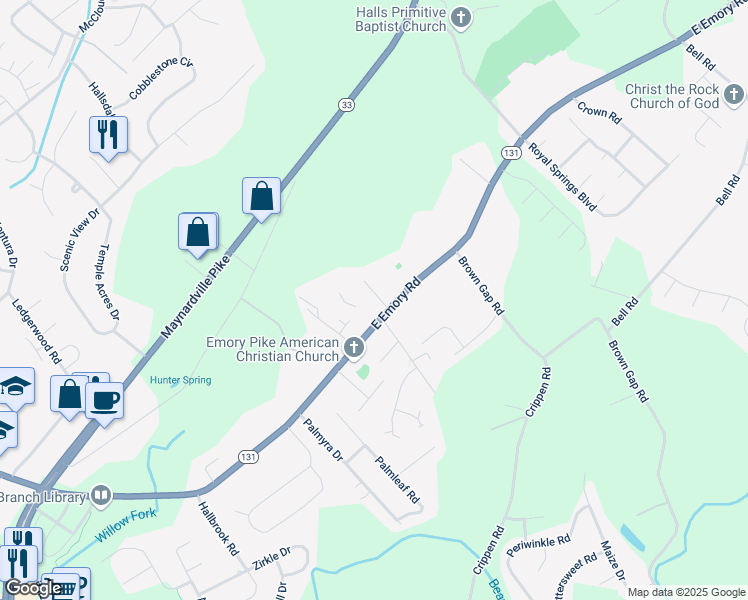 map of restaurants, bars, coffee shops, grocery stores, and more near 7512 Glen Walker Lane in Knoxville