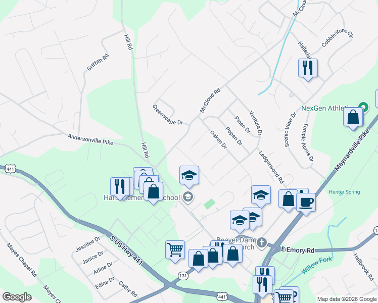 map of restaurants, bars, coffee shops, grocery stores, and more near 4309 Redwen Road in Knoxville