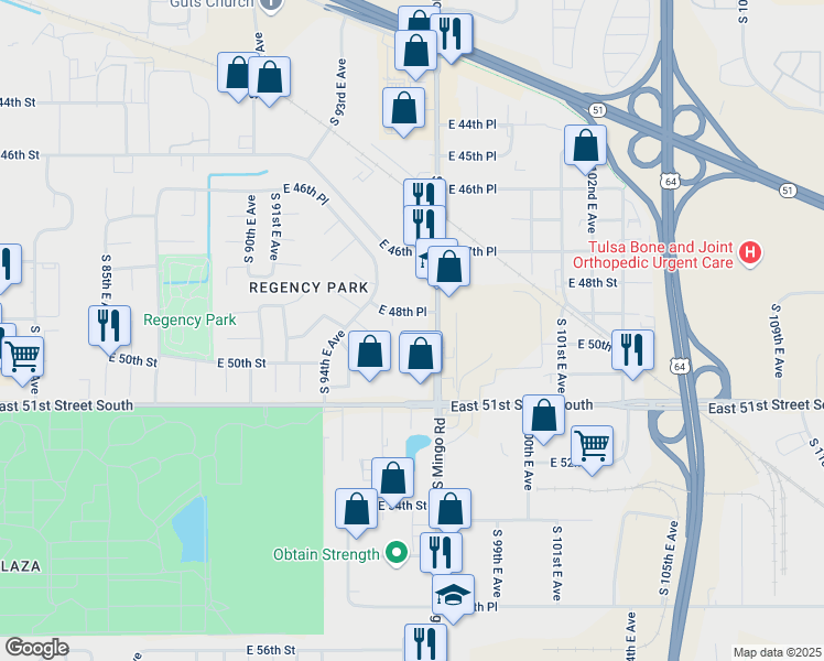 map of restaurants, bars, coffee shops, grocery stores, and more near 4744 South Mingo Road in Tulsa