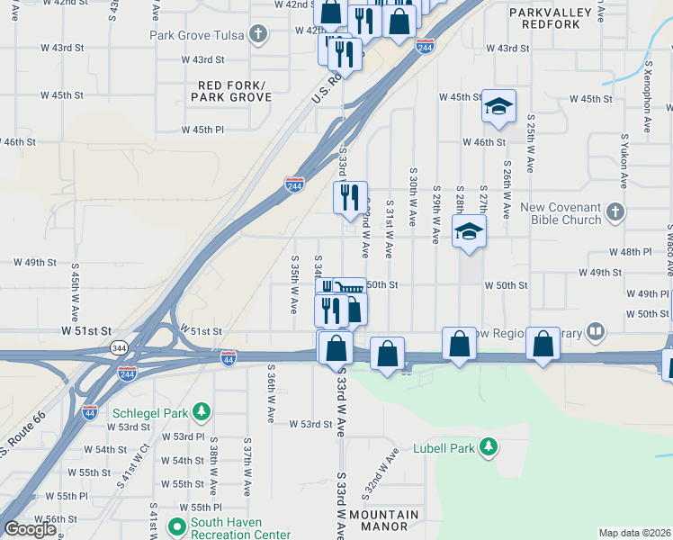 map of restaurants, bars, coffee shops, grocery stores, and more near 4820 South 33rd West Avenue in Tulsa