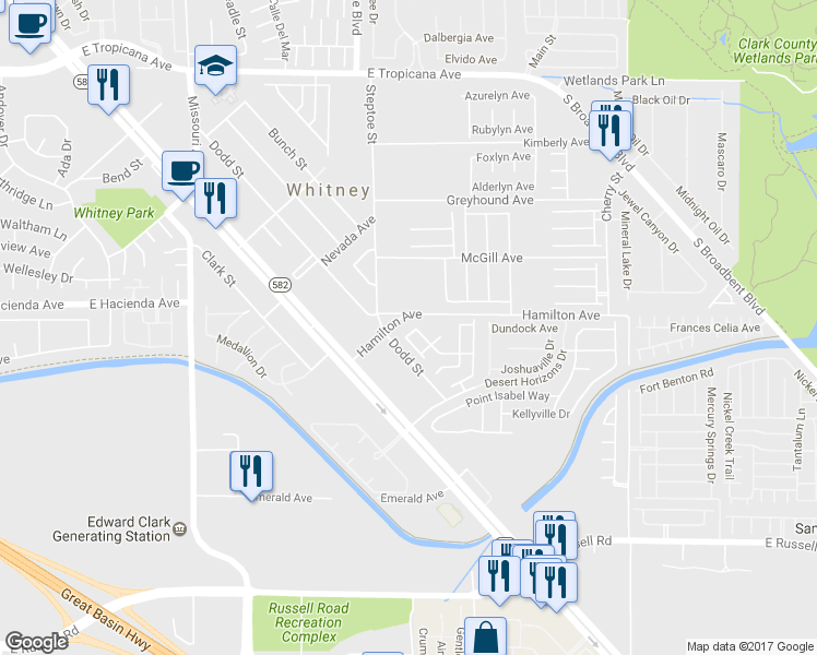 map of restaurants, bars, coffee shops, grocery stores, and more near 5355 Bennett Spring Lane in Las Vegas