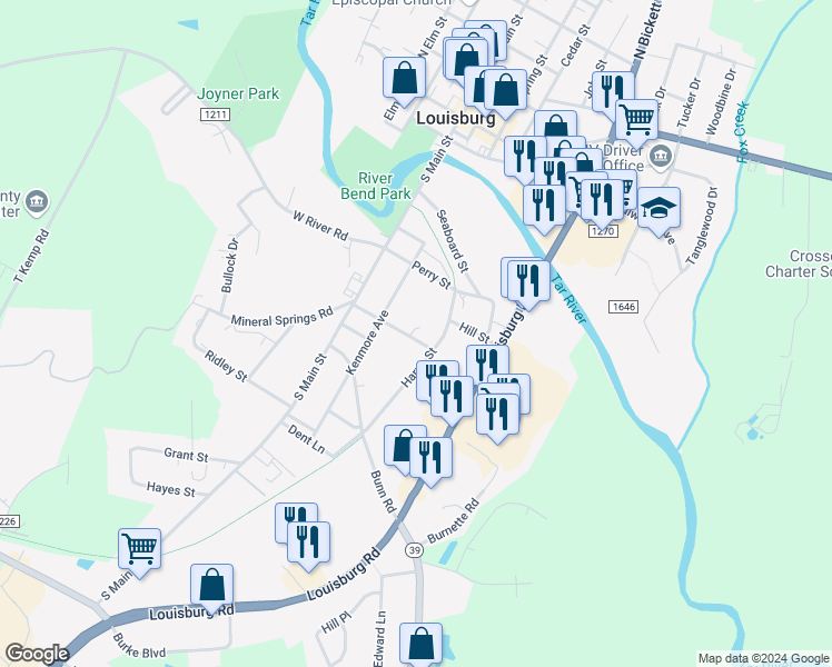 map of restaurants, bars, coffee shops, grocery stores, and more near 207 Cooper Street in Louisburg