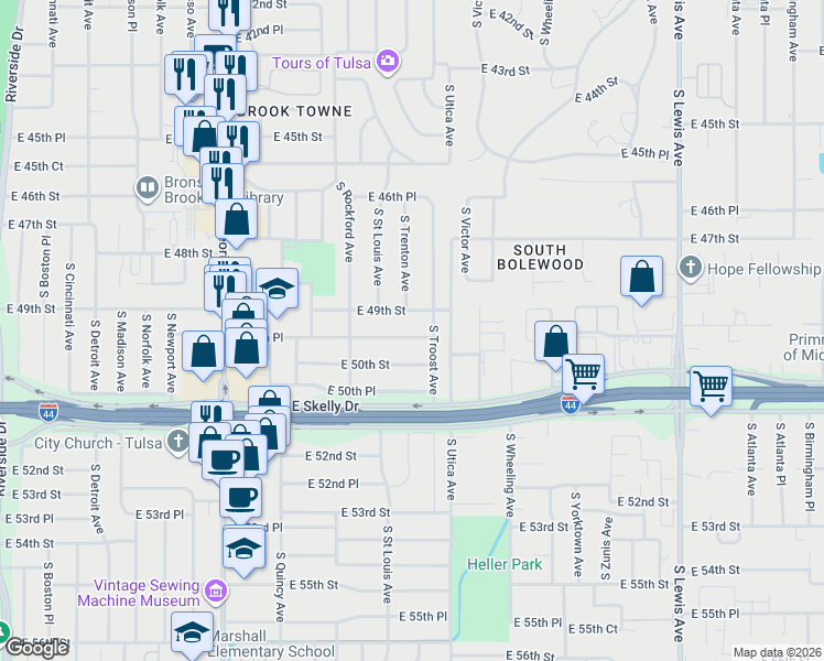 map of restaurants, bars, coffee shops, grocery stores, and more near 1601 East 49th Street in Tulsa