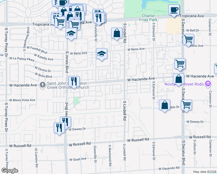map of restaurants, bars, coffee shops, grocery stores, and more near 5325 Nellie Bell Street in Las Vegas