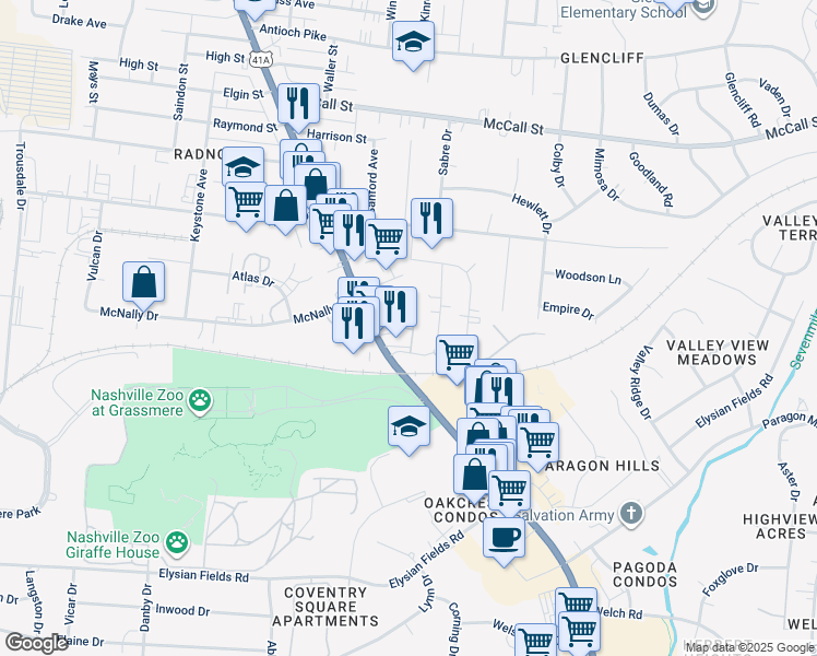 map of restaurants, bars, coffee shops, grocery stores, and more near 100 Redd Court in Nashville