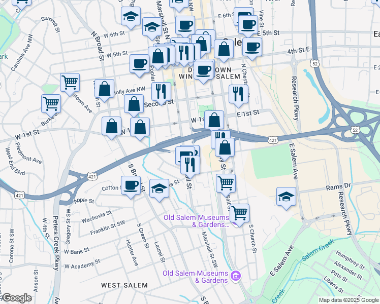 map of restaurants, bars, coffee shops, grocery stores, and more near 210 Cherry Street in Winston-Salem