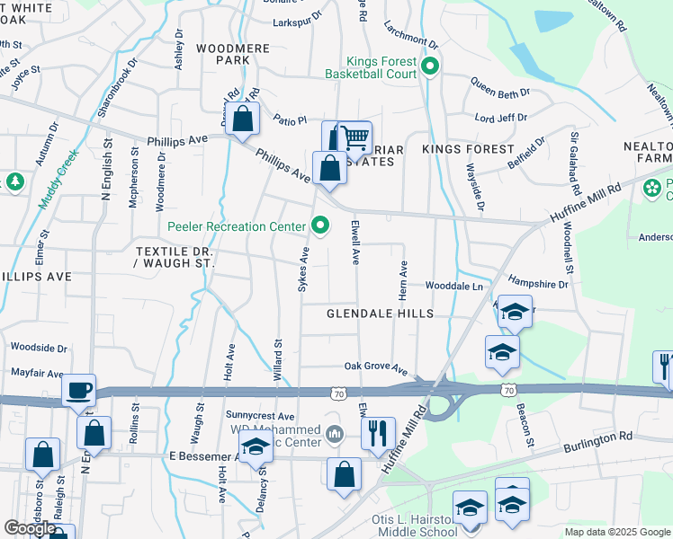 map of restaurants, bars, coffee shops, grocery stores, and more near 1211 Elwell Avenue in Greensboro