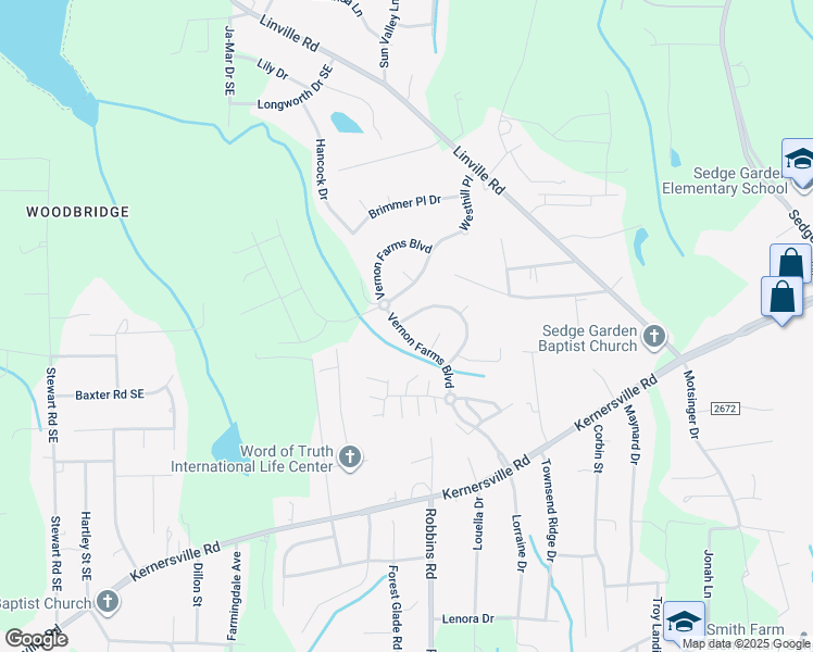 map of restaurants, bars, coffee shops, grocery stores, and more near 4406 Vernon Circle Southeast in Kernersville