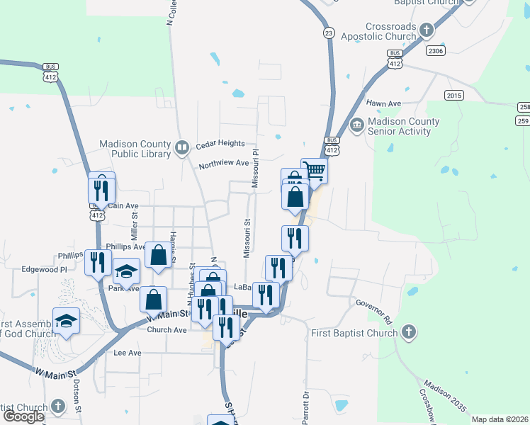 map of restaurants, bars, coffee shops, grocery stores, and more near 403 Larbarge in Huntsville
