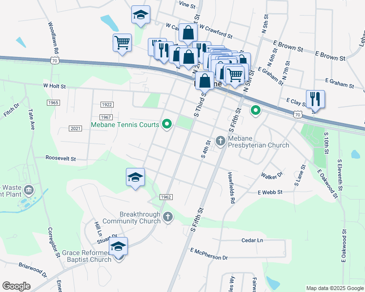 map of restaurants, bars, coffee shops, grocery stores, and more near 408 North 3rd Street in Mebane
