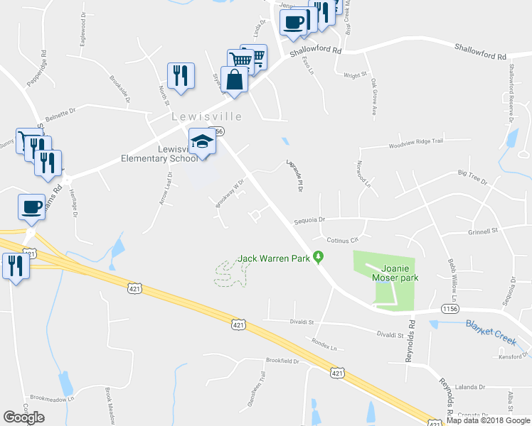 map of restaurants, bars, coffee shops, grocery stores, and more near 301 Lewisville Clemmons Road in Lewisville