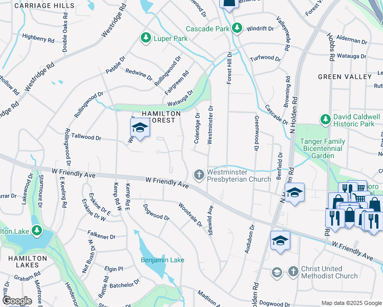 map of restaurants, bars, coffee shops, grocery stores, and more near 3507 Redington Drive in Greensboro