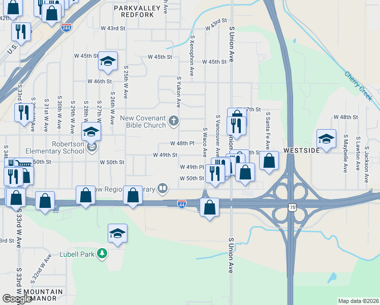 map of restaurants, bars, coffee shops, grocery stores, and more near 1930 West 48th Place in Tulsa