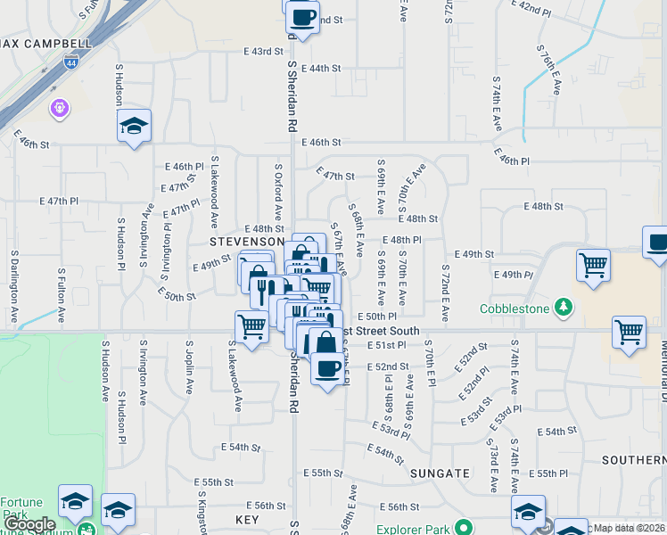 map of restaurants, bars, coffee shops, grocery stores, and more near 4836 South 67th East Avenue in Tulsa