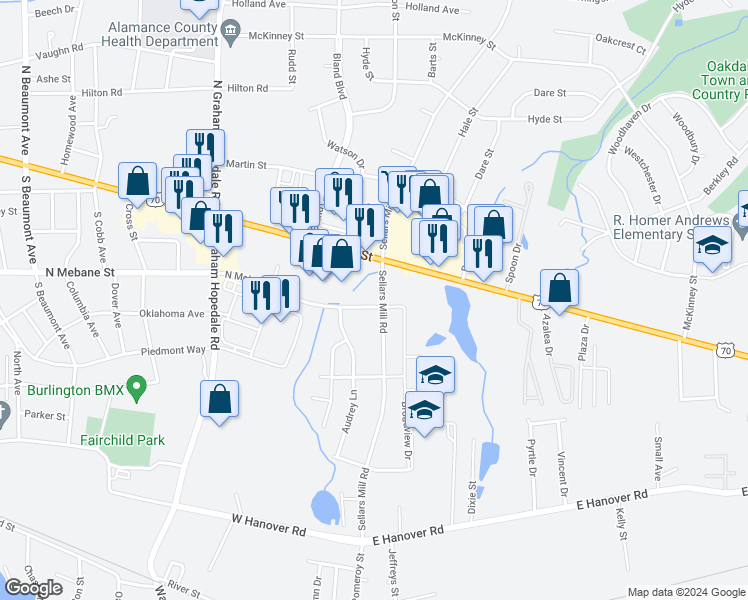 map of restaurants, bars, coffee shops, grocery stores, and more near 512 South Sellars Mill Road in Burlington