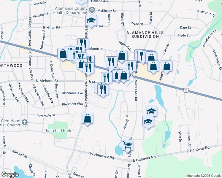 map of restaurants, bars, coffee shops, grocery stores, and more near 2026 North Mebane Street in Burlington