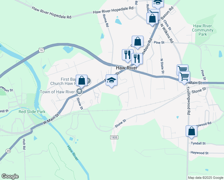 map of restaurants, bars, coffee shops, grocery stores, and more near 701 East Main Street in Haw River
