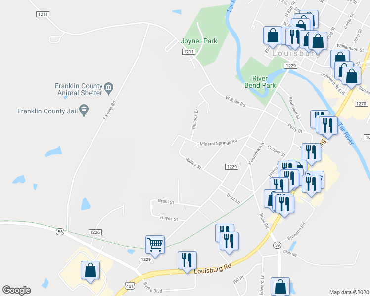 map of restaurants, bars, coffee shops, grocery stores, and more near 301 Mineral Springs Road in Louisburg