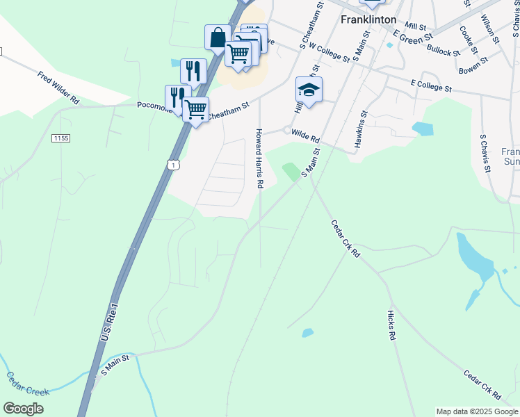 map of restaurants, bars, coffee shops, grocery stores, and more near 164 Howard Harris Road in Franklinton