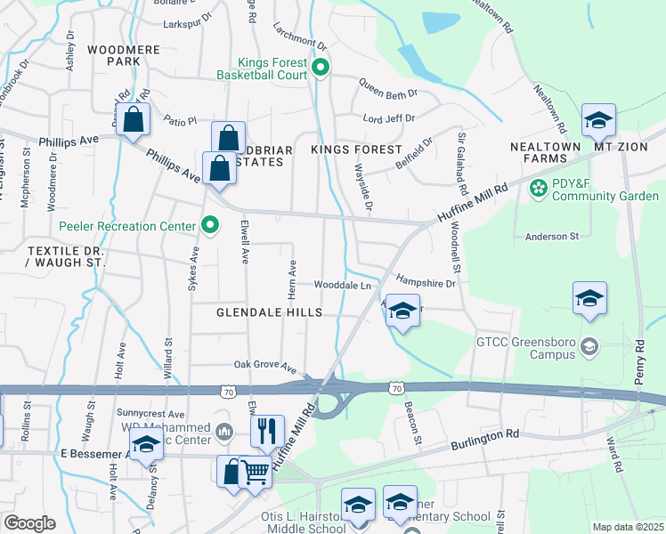 map of restaurants, bars, coffee shops, grocery stores, and more near 1218 Valley View Street in Greensboro