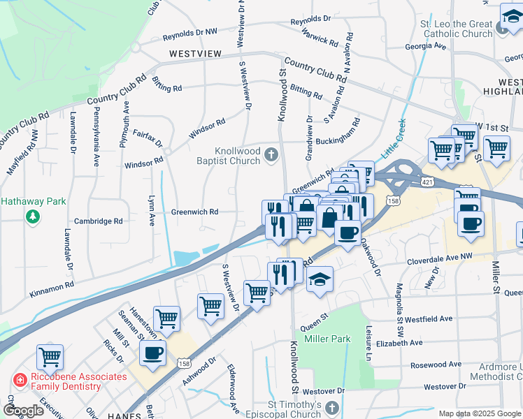 map of restaurants, bars, coffee shops, grocery stores, and more near 320 Hanover Arms Court in Winston-Salem