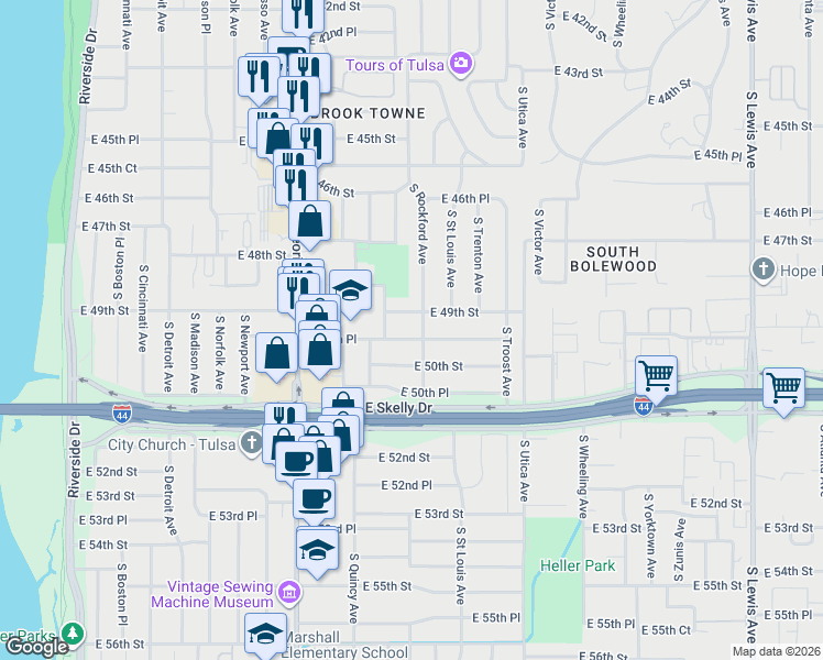 map of restaurants, bars, coffee shops, grocery stores, and more near 1419 East 49th Street in Tulsa