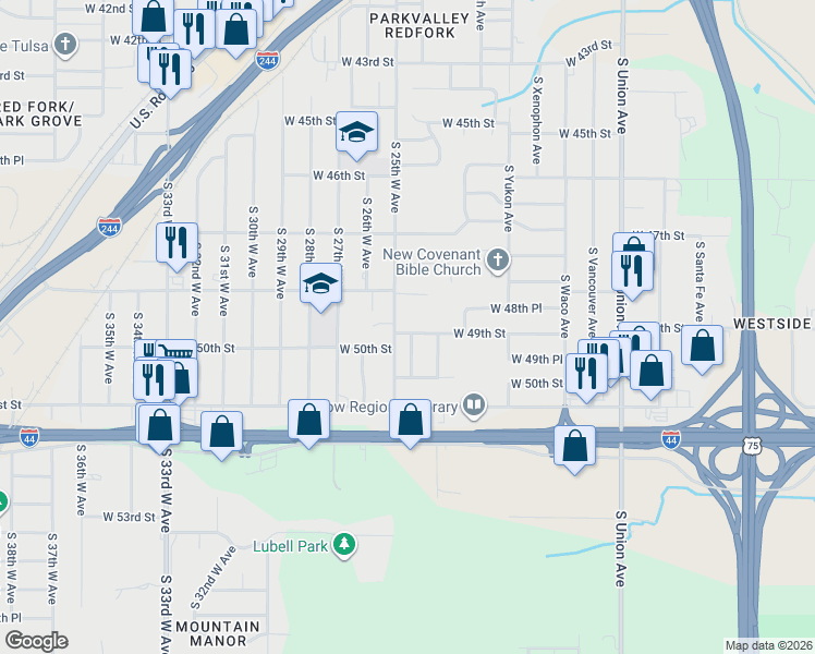 map of restaurants, bars, coffee shops, grocery stores, and more near 4811 South 25th West Avenue in Tulsa