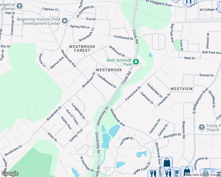 map of restaurants, bars, coffee shops, grocery stores, and more near 1274 Candlewood Drive in Elon