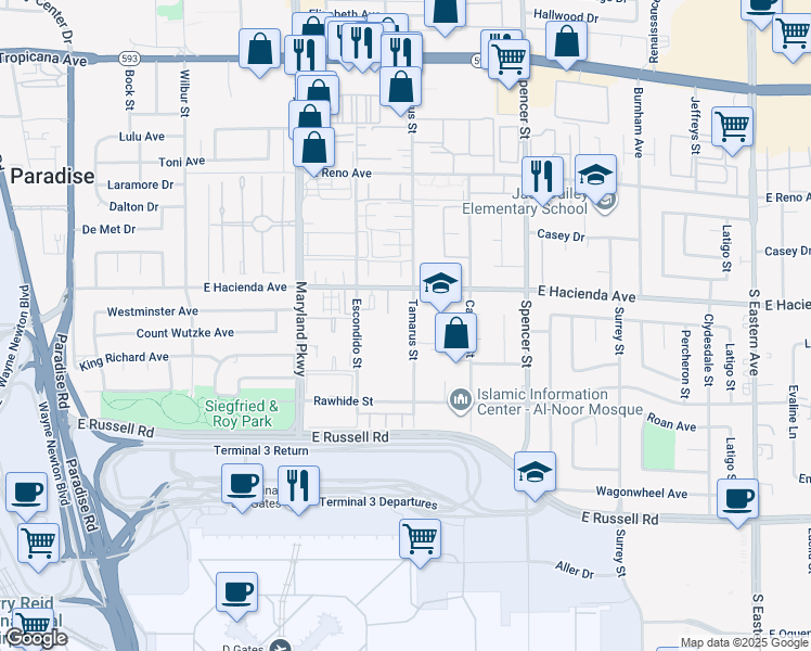 map of restaurants, bars, coffee shops, grocery stores, and more near 5367 Tamarus Street in Las Vegas