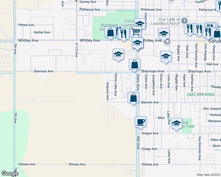 map of restaurants, bars, coffee shops, grocery stores, and more near 2127 Tule River Avenue in Corcoran