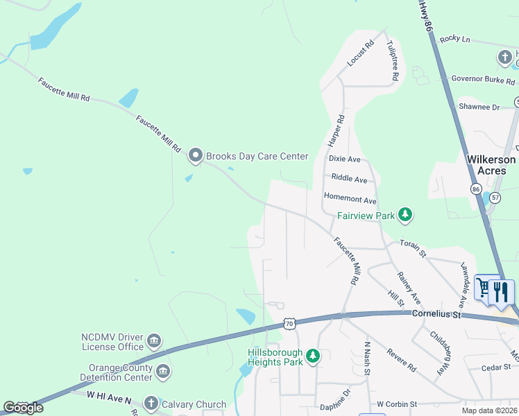 map of restaurants, bars, coffee shops, grocery stores, and more near 700 Faucette Mill Road in Hillsborough