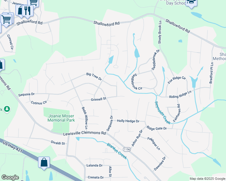 map of restaurants, bars, coffee shops, grocery stores, and more near 1104 Grinnell Court in Lewisville