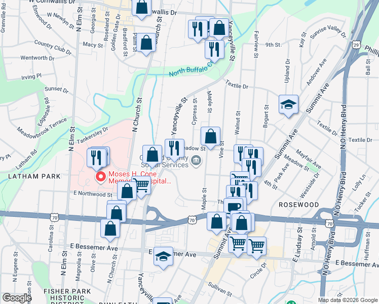 map of restaurants, bars, coffee shops, grocery stores, and more near 604 Meadow Street in Greensboro