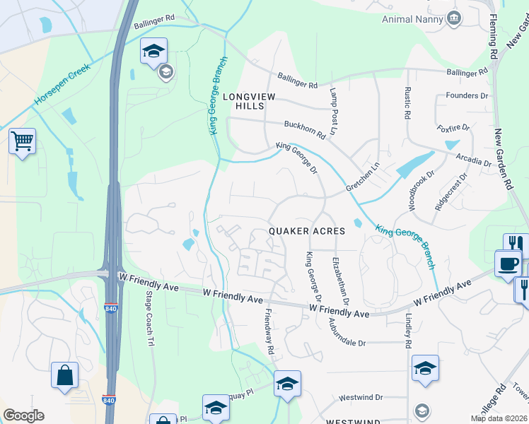 map of restaurants, bars, coffee shops, grocery stores, and more near 5501 Ashmont Drive in Greensboro