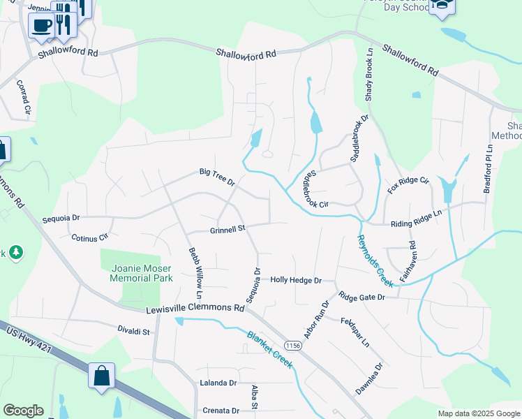 map of restaurants, bars, coffee shops, grocery stores, and more near 1104 Grinnell Court in Lewisville