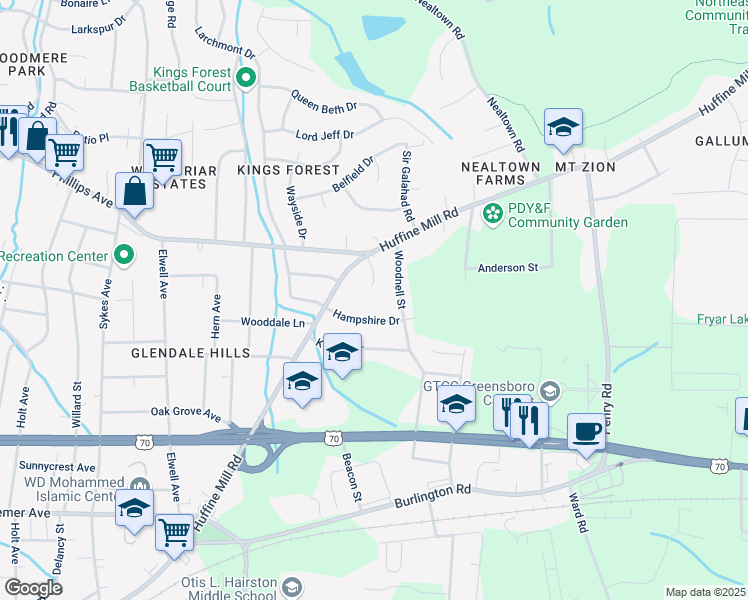 map of restaurants, bars, coffee shops, grocery stores, and more near 8 Esquire Court in Greensboro