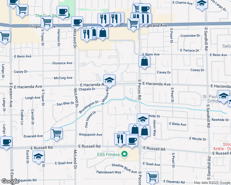 map of restaurants, bars, coffee shops, grocery stores, and more near 3235 East Hacienda Avenue in Las Vegas