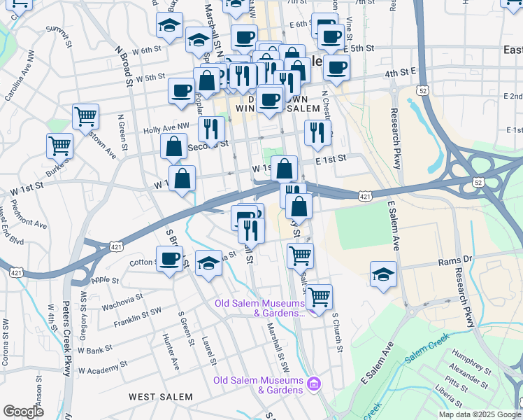 map of restaurants, bars, coffee shops, grocery stores, and more near 200 High Street Southwest in Winston-Salem