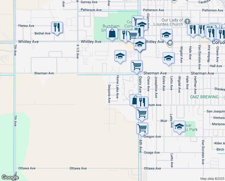 map of restaurants, bars, coffee shops, grocery stores, and more near 2127 Tule River Avenue in Corcoran