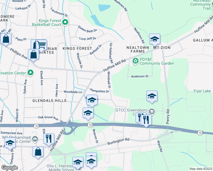 map of restaurants, bars, coffee shops, grocery stores, and more near 1205 Woodnell Street in Greensboro