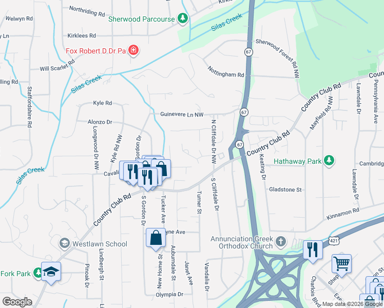 map of restaurants, bars, coffee shops, grocery stores, and more near 116 South Cliffdale Drive in Winston-Salem