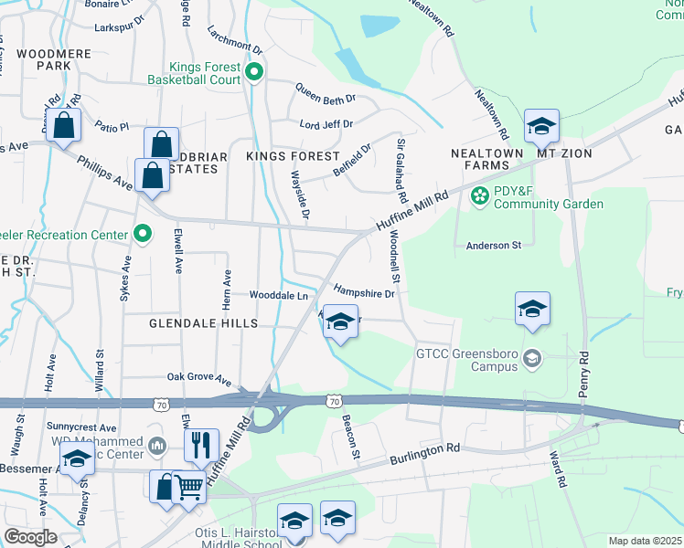 map of restaurants, bars, coffee shops, grocery stores, and more near 1205 Huffine Mill Road in Greensboro