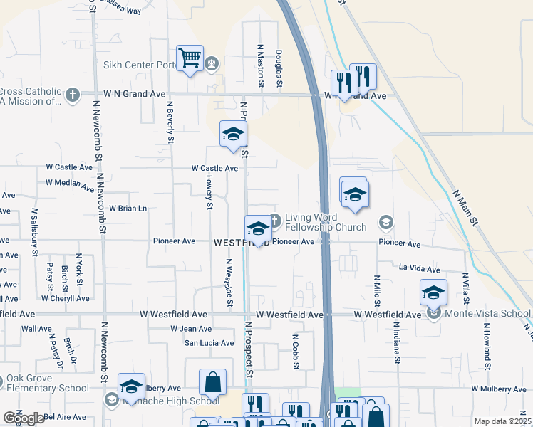 map of restaurants, bars, coffee shops, grocery stores, and more near 1500 North Prospect Street in Porterville