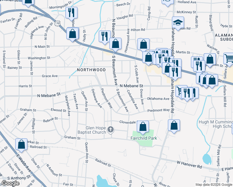 map of restaurants, bars, coffee shops, grocery stores, and more near 1337 North Mebane Street in Burlington