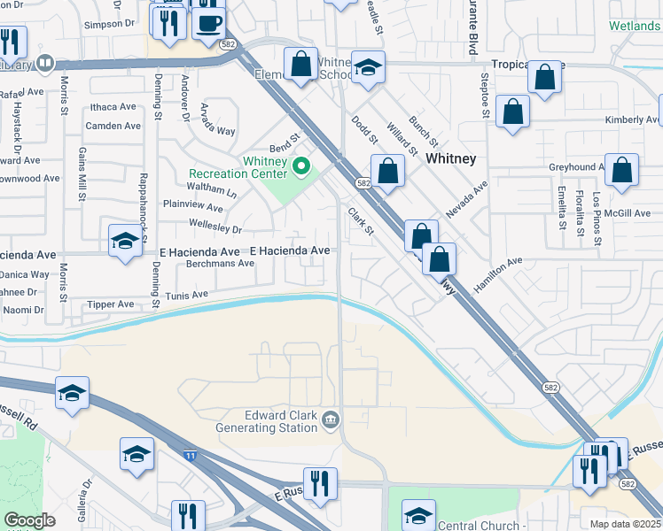 map of restaurants, bars, coffee shops, grocery stores, and more near 5751 East Hacienda Avenue in Las Vegas