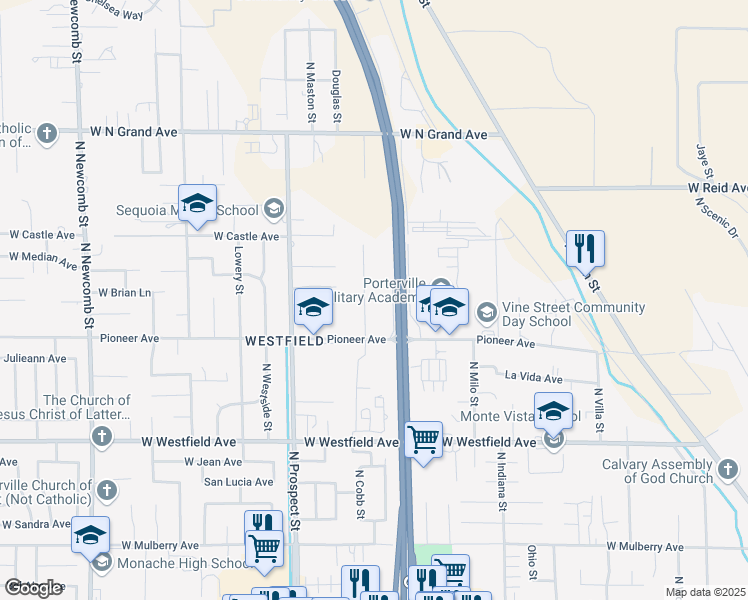 map of restaurants, bars, coffee shops, grocery stores, and more near 1006 Pioneer Ave in Porterville