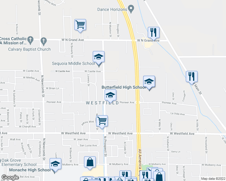 map of restaurants, bars, coffee shops, grocery stores, and more near 1500 North Prospect Street in Porterville