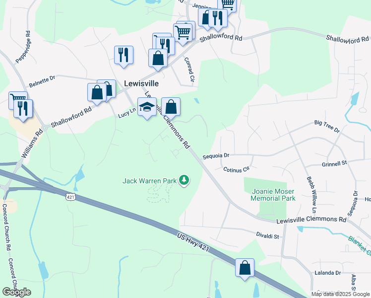 map of restaurants, bars, coffee shops, grocery stores, and more near 301 Lewisville Clemmons Road in Lewisville